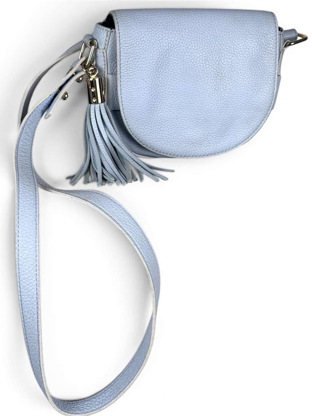 Milly Astor Leather Baby Blue Saddle Crossbody Bag Tassel Flap Gold Hardware